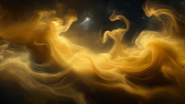 Thin amber fog drifting softly across a dark galactic void with elegant ambient slow motion glow