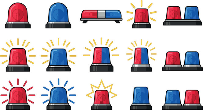 Emergency Police Siren and Flashing Light Beacon Vector Set Featuring Red and Blue Warning Flashers for Law Enforcement Security and Ambulance Designs
