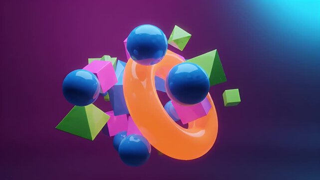 Abstract Geometric Shapes Composition Neon Colors Gradient Background - A dynamic 3D abstract composition featuring glossy geometric shapes like spheres, cubes, pyramids, and toroids in vivid neon