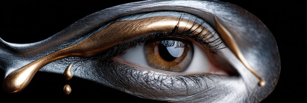 Eye features artistic silver and gold liquid makeup, forming an elegant and abstract design around the iris, emphasizing a dramatic and creative beauty and aesthetic