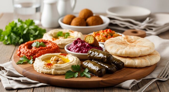 Colorful Lebanese mezze platter with fresh vegetables, dips, and flatbread on wooden board