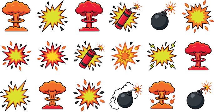 Cartoon Explosion and Bomb Vector Icon Set Featuring Dynamite Sticks Mushroom Clouds Sparking Fuses and Comic Blast Symbols for Game and Action Designs