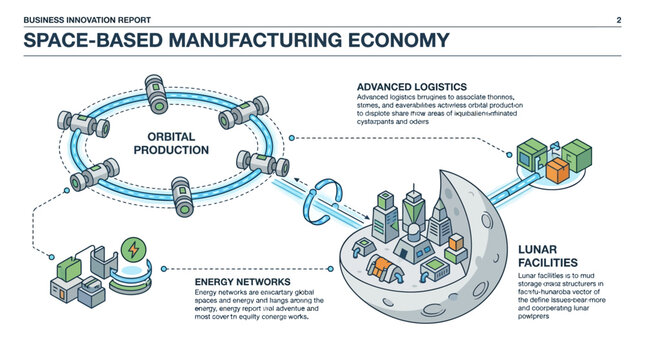 Future vision of space colonization and lunar economic infrastructure showing off-world manufacturing and power grids