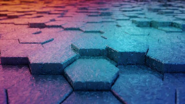 Vibrant Gradient Hexagonal 3D Surface Texture - A close-up, low-angle view of a three-dimensional hexagonal surface with a dynamic gradient color transition from warm pinks and oranges to cool blues.