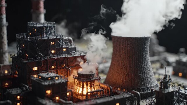 Miniature Industrial Power Plant With Steam Emissions - An intricate miniature model of an industrial power plant at night, featuring glowing lights and billowing steam from a cooling tower and other
