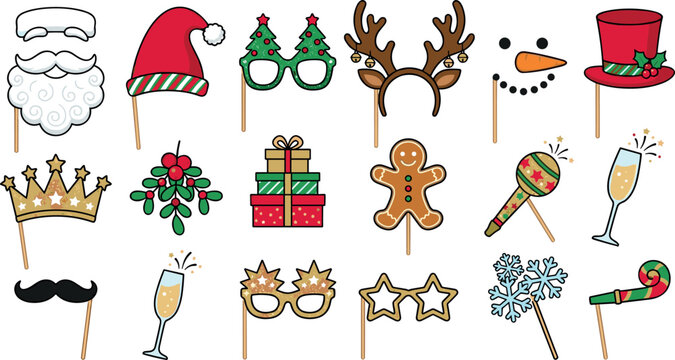 Christmas Photo Booth Prop Vector Set Featuring Santa Hats Beards Reindeer Antlers Glasses And Festive Party Accessories For Holiday Celebration Designs