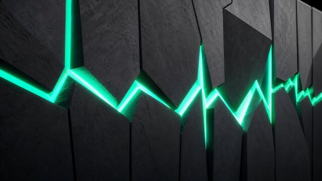Cybersecurity and cloud infrastructure concept featuring dark grey stone textures. Intense mint-green neon beams forming a rhythmic wave pattern through sharp cracks