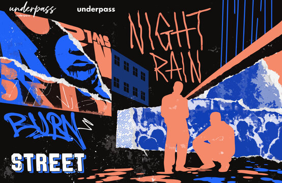 People linger within a dark urban underpass featuring layers of torn posters and spray painted graffiti tags which evoke the moody atmosphere of rainy nights in a desolate industrial city environment.