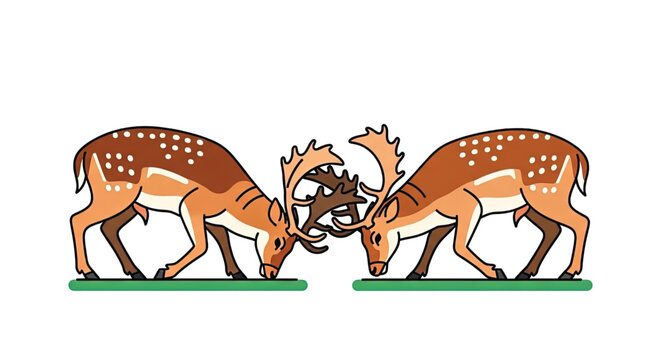Two deer fighting with antlers head to head.