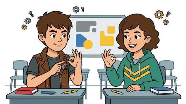 Teen boy and girl practicing sign language at classroom desks with visual board concept of inclusive communication