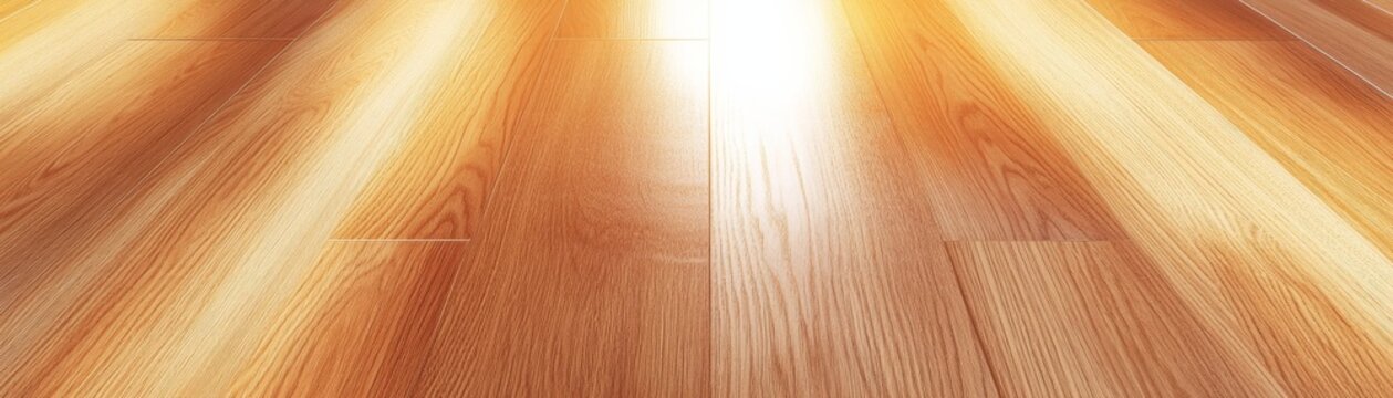 Glowing laminate wood floor perspective, sunlit warm brown planks, natural texture creating an inviting background. ,Wood floor, Laminate