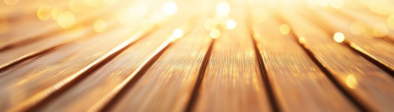 Golden light rays with shimmering bokeh on parallel textured wood slats, an elegant low-angle abstract composition creating a warm, festive background. Wood, Festive