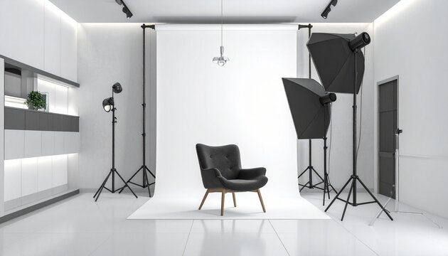 Professional studio setup with gray armchair on seamless white backdrop, surrounded by softbox lights and overhead reflector, ideal for portrait or product photography.