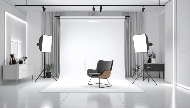 Professional studio setup with gray armchair on seamless white backdrop, surrounded by softbox lights and overhead reflector, ideal for portrait or product photography.