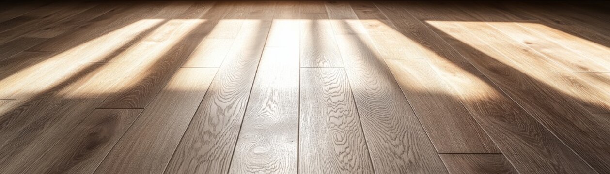Golden sunlight bathes a textured wooden floor, creating striking diagonal light and shadow patterns. A warm, minimalist view of natural light. flooring, interior