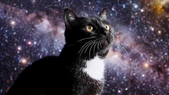 Black Cat Looks Up At Cosmic Stars and Nebulas - A majestic black and white cat with striking yellow eyes gazes upwards into a vibrant nebula filled with twinkling stars.