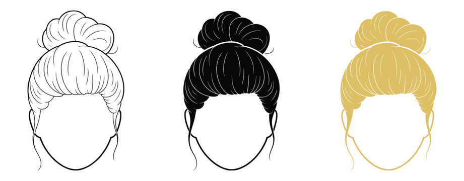 hair bun styles tutorial for women how to do a messy bun top knot hairstyle step by step guide ideas editable vector illustration for fashion beauty education and hairstyle design concepts.