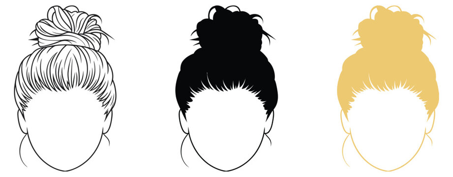 hair bun styles tutorial for women how to do a messy bun top knot hairstyle step by step guide ideas editable vector illustration for fashion beauty education and hairstyle design concepts.