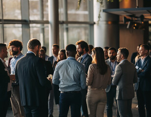 Obraz premium Blurred corporate networking event with professionals connecting in an elegant evening atmosphere. Business relationships, communication and networking concept.