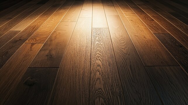 Low-angle perspective of dark brown textured hardwood floor planks, illuminated by a central warm light, creating an elegant gradient from bright to shadow., flooring, wood grain