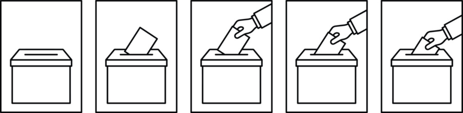Voting step by step line icon set showing hand putting ballot paper in box isolated on white background