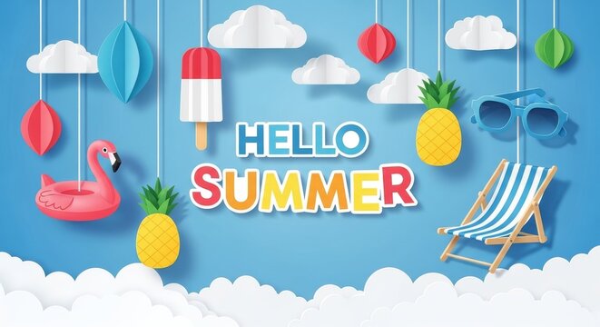 Hanging summer composition with flamingo float pineapple sunglasses deckchair and popsicle for summer banner and background design