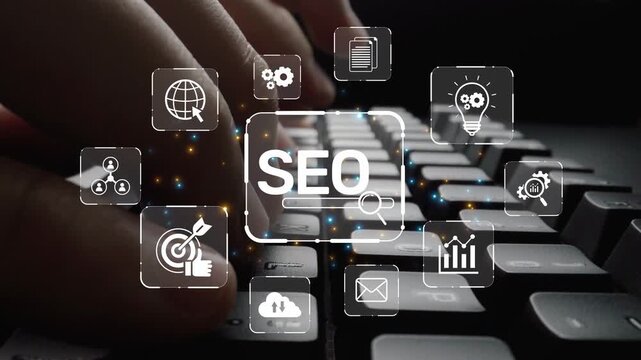 SEO concept for improving SEO visibility, with SEO related digital tools and SEO performance icons shown in an focused layout for strategic marketing. Muxer