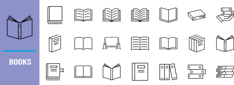 Line art book icons. book icon set, open book icon set, stack of books icon set