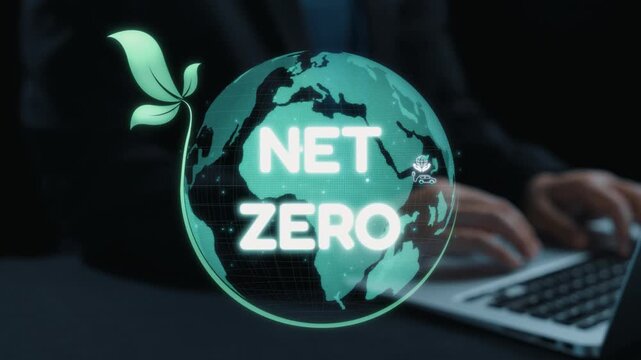 Visual representation of net zero emissions featuring an earth globe and various icons symbolizing sustainable practices, highlighting environmental awareness and innovation. Qubit