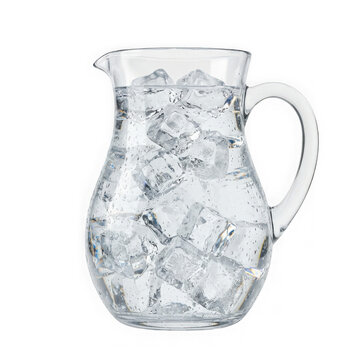 Glass pitcher filled with fresh water and ice cubes for summer drinks