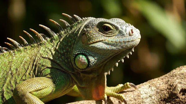 Close-up Green Lizard Head and Spines - A detailed close-up captures the textured scales and sharp spines along the head and neck of a vibrant green lizard resting on a tree branch.