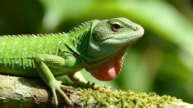 Green Lizard with Red Throat Pouch on Mossy Branch - A close-up view of a vibrant green lizard resting on a moss-covered branch.