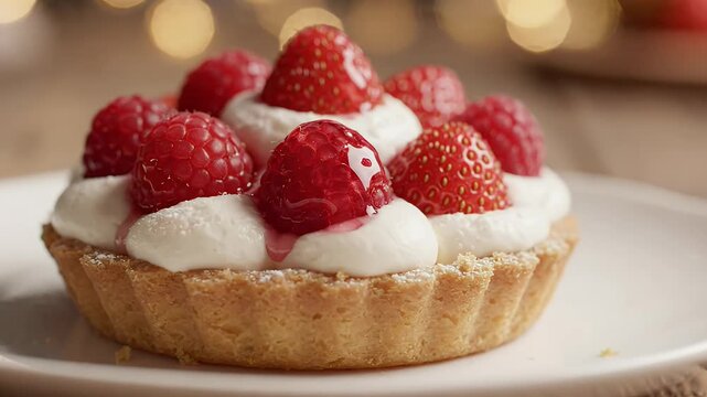 Delicious Fruit Tart with Cream and Berries - A close-up shot of a delectable tart featuring a flaky crust, filled with white cream and topped with fresh red raspberries and strawberries.