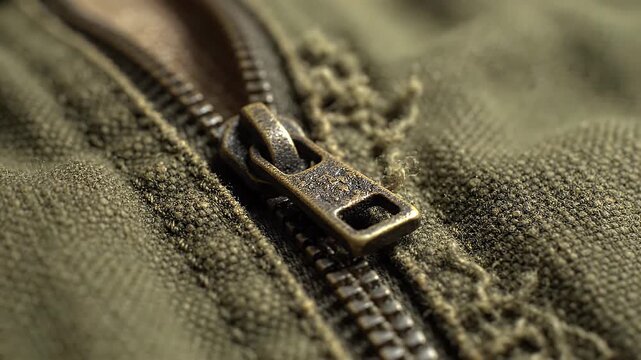 Close-up Of Vintage Zipper On Textured Fabric - Extreme close-up shot of a partially open vintage zipper with a brass slider set against aged, textured green fabric.