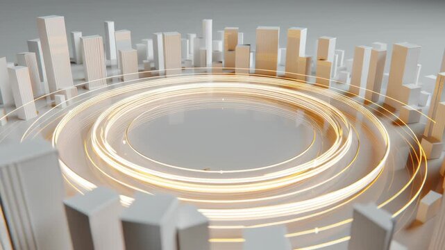 Light flow diagram with circular process and glowing lines illustrating dynamic architecture and building flow in modern cityscape environment