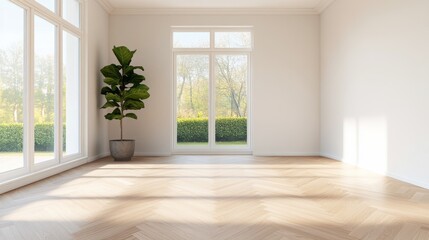Fototapeta premium Sun-drenched minimalist empty room featuring tall windows, a fiddle leaf fig and herringbone floor, highlighting potential for modern design and fresh starts. ,Interior, Serene