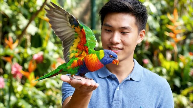 Man Holding Colorful Tropical Bird on Hand - A smiling young man holds a vibrant, colorful tropical bird on his outstretched hand.