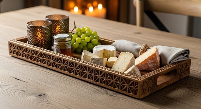 Gourmet cheese platter with grapes and honey on a wooden tray