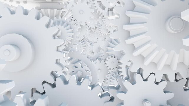 White 3D rendered gear mechanism with multiple interlocking cog wheel of varying size captured in wide horizontal flythrough angle against light blue background