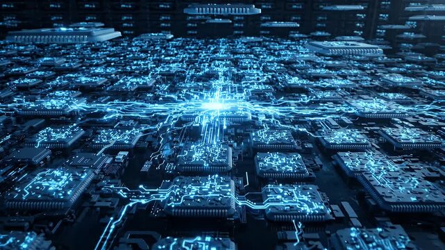 Glowing Blue Microchip Circuit Board Technology - A complex digital microchip structure glows with vibrant blue light, representing advanced technology and interconnected circuits.
