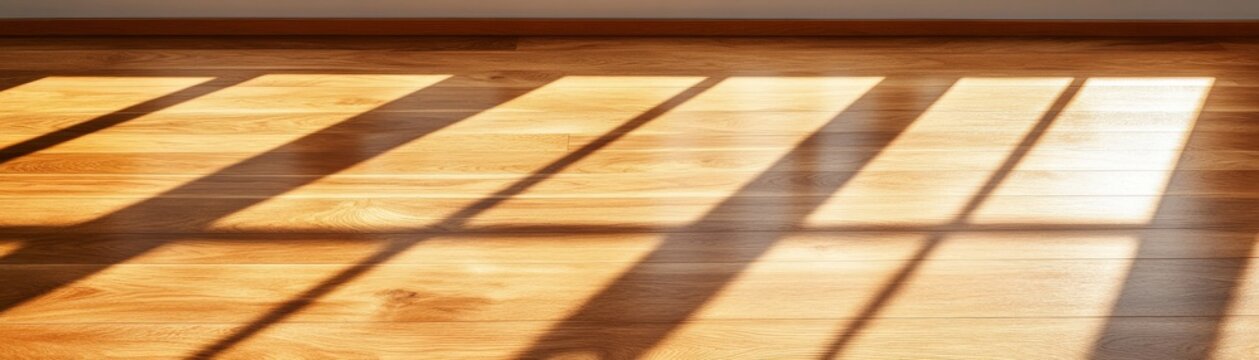 Sunlit golden wood floor from above, displaying crisp parallel shadows and detailed grain. A minimalist interior composition highlighting natural light patterns and texture for warmth.