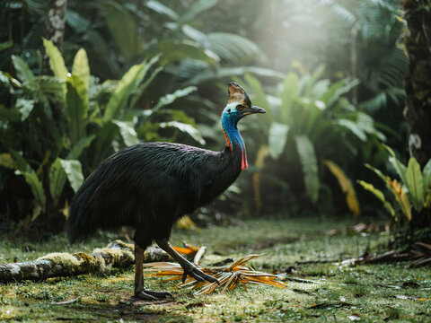 Southern cassowary bird with blue neck and red wattle in a tropi