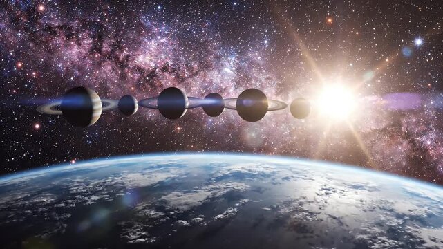 Solar System Alignment with Earth and Nebula - A stunning cosmic view depicts several planets of the solar system aligned in orbit, with a vibrant nebula and the sun's sunrise adorning the background.