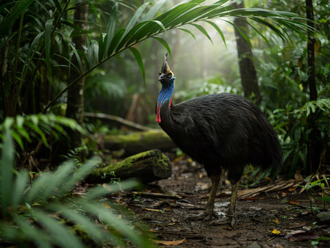 Southern cassowary standing on a forest floor with lush green fo