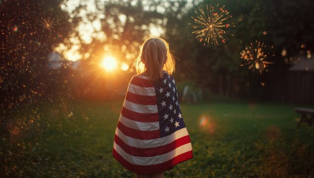 Young child wrapped in an american flag standing in a backyard during a sunset celebration with golden fireworks