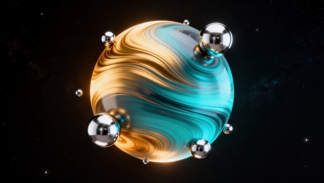 Abstract sphere with metallic orbs in space
