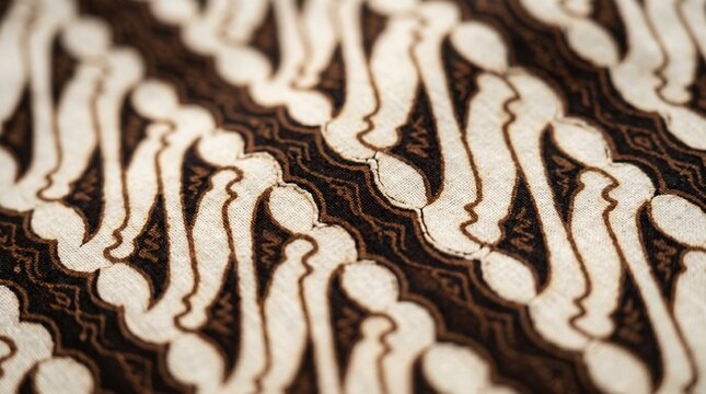 Macro Close-up of Traditional Indonesian Batik Parang Pattern Fabric Textile in Brown and Cream, Elegant Cultural Heritage Background for Fashion and Decor