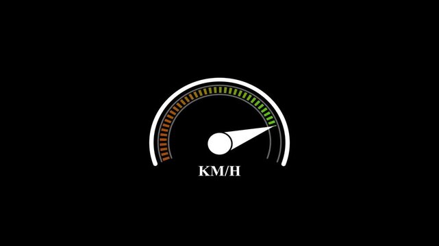 Minimalist Speedometer Animation with KM/H Text and Increasing Performance Gauge on Clean Black Background for Automotive and Speed Concepts.