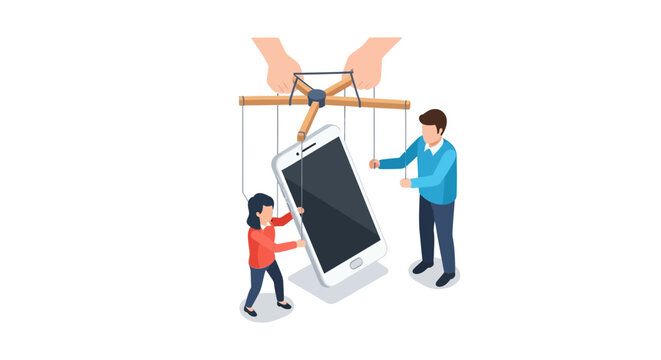 Smartphone and people being manipulated like puppets
