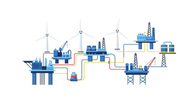 Offshore Wind and Oil Platforms Connected, Energy Industry Concept